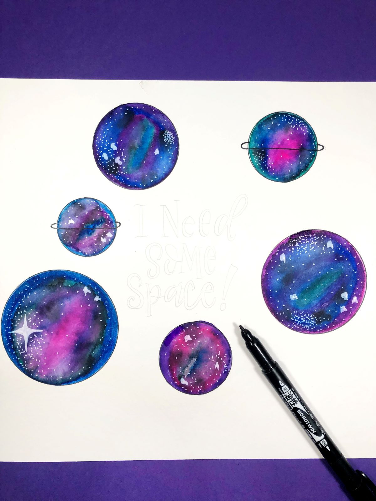 Watercolor a Space Print using Tombow's Dual Brush Pen Galaxy Set. Learn with @aheartenedcalling. #tombow #watercolor