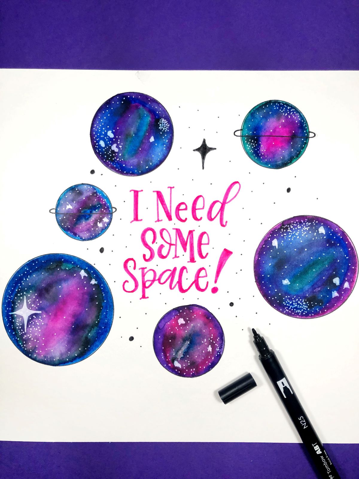 Watercolor a Space Print using Tombow's Dual Brush Pen Galaxy Set. Learn with @aheartenedcalling. #tombow #watercolor