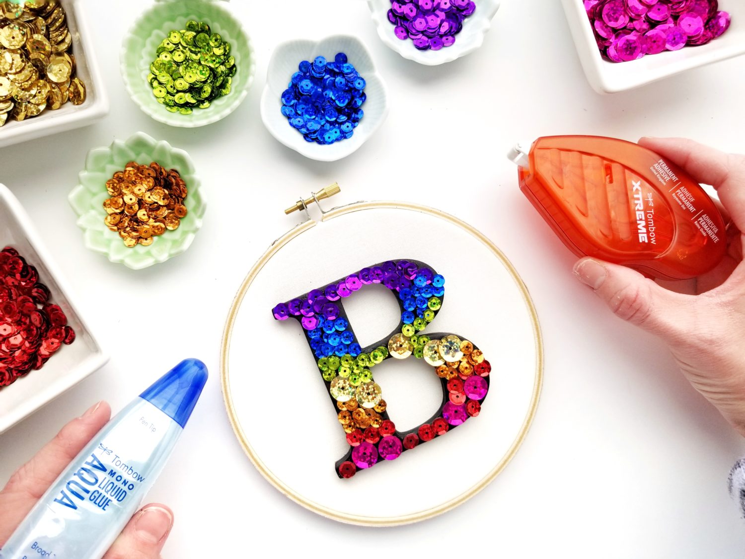 Learn to make Monogram Embroidery Hoop Art using @tombowusa adhesives with @graceannestudio!