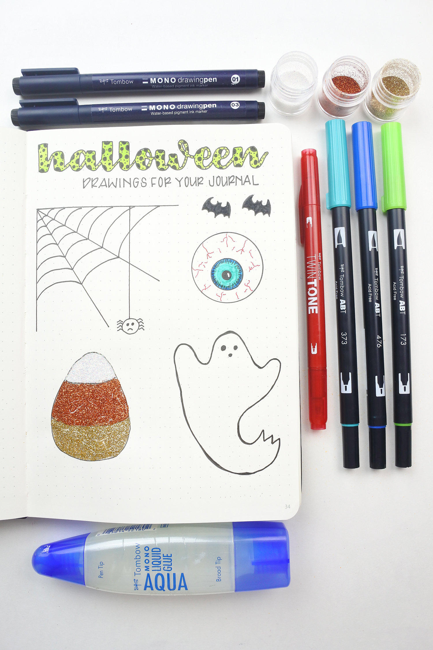 Dot Grid Journal: Adding Halloween Doodles by @thediyday for www.tombowusa.com