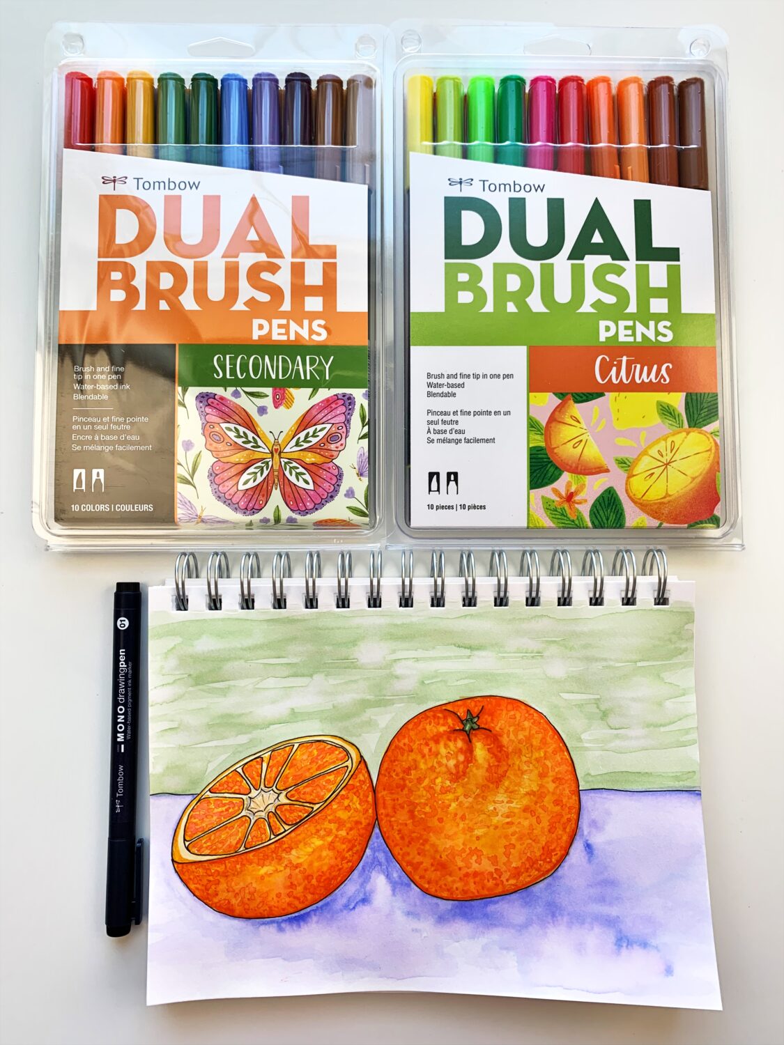Use the Tombow Dual Brush Pens to watercolor a simple still life. Learn about layers, texture and blending by water coloring an orange. #rombow #watercoloring