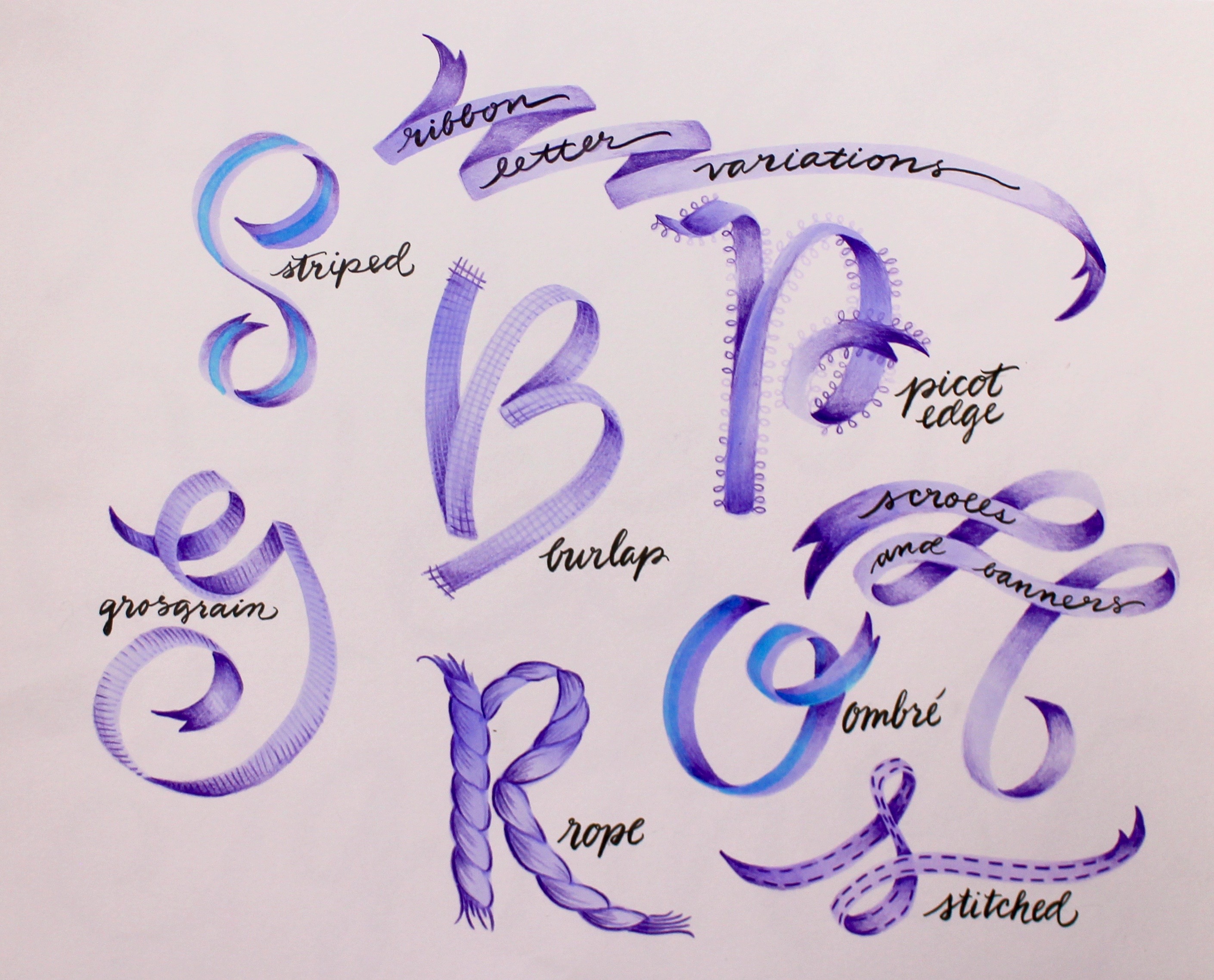 Ribbon Lettering examples of variations 