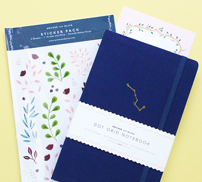 Gorgeous Package from Archer & Olive including Botanical Stickers Pack and the Night Dot Grid Notebook