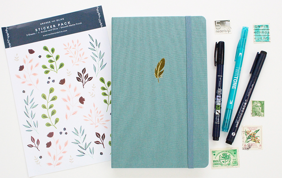 Gorgeous Package from Archer & Olive including Botanical Stickers Pack and the Floating Feather Sketchbook pairs perfectly with Tombow Fudenosuke Brush Pens and Tombow TwinTone Dual Tip Markers.