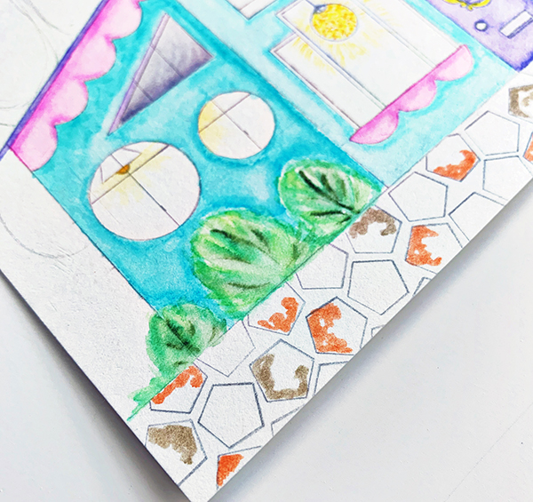 After you make the watercolor house, add some details like hedges or a stone path. #tombow