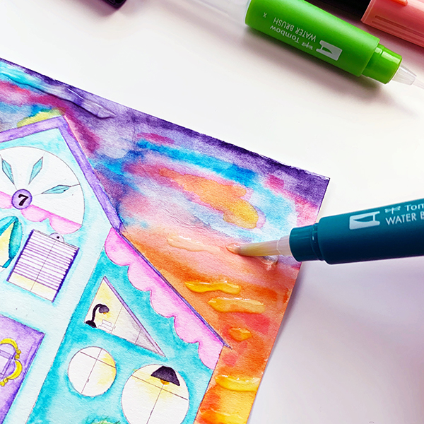 Add a nice sky to your watercolor house. To add clouds, add water and let it rest. Then remove the water with a paper towel. #tombow