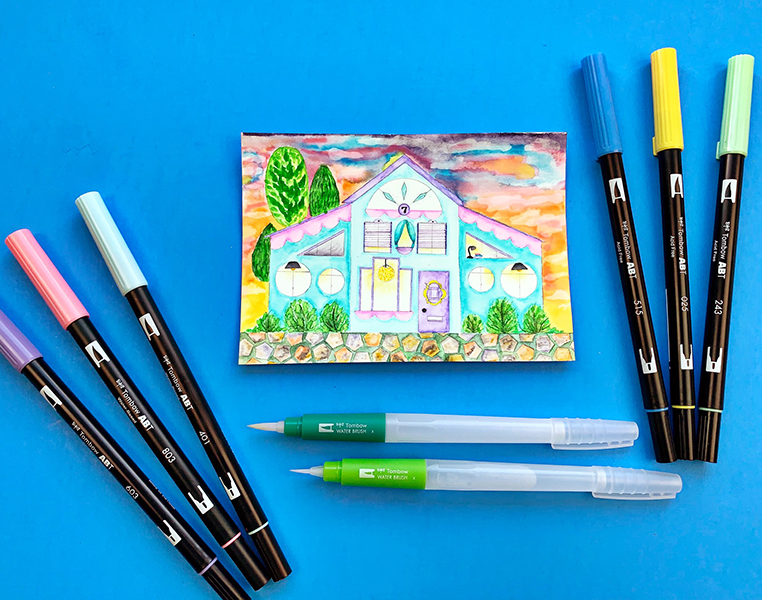Find out how to make a cute watercolor house with Tombow Dual Brush Pens. #tombow