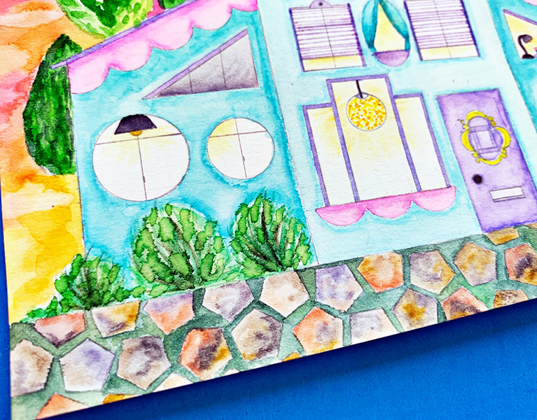 After you make the watercolor house, add some details like hedges or a stone path. #tombow