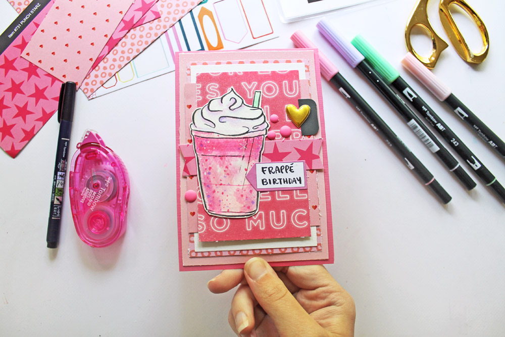 How to DIY a pink "Frappé Birthday" Card using this tutorial by @studiokatie for @tombowusa