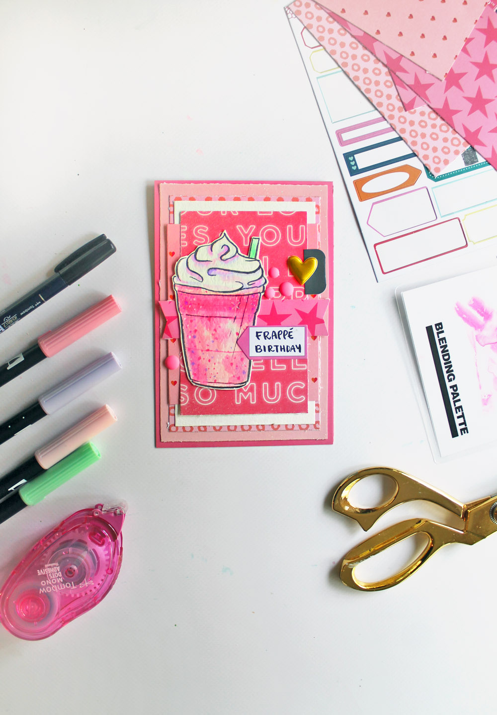 How to DIY a pink "Frappé Birthday" Card using this tutorial by @studiokatie for @tombowusa