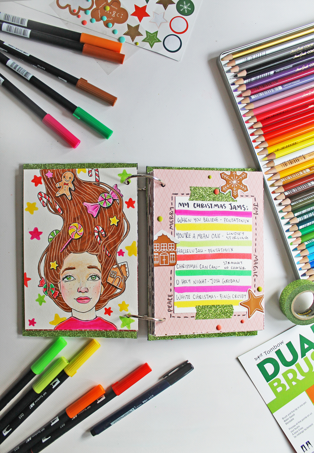 Sketch a DIY Whimsical Christmas Journal Page using @tombowusa 1500 Colored Pencils & Citrus Dual Brush Pens by following this tutorial from @studiokatie