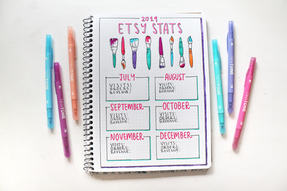 Create an easy Stats Tracker for your handmade online business in your task journal using this tutorial by @studiokatie with @tombowusa TwinTone Markers and Decomposition Book.