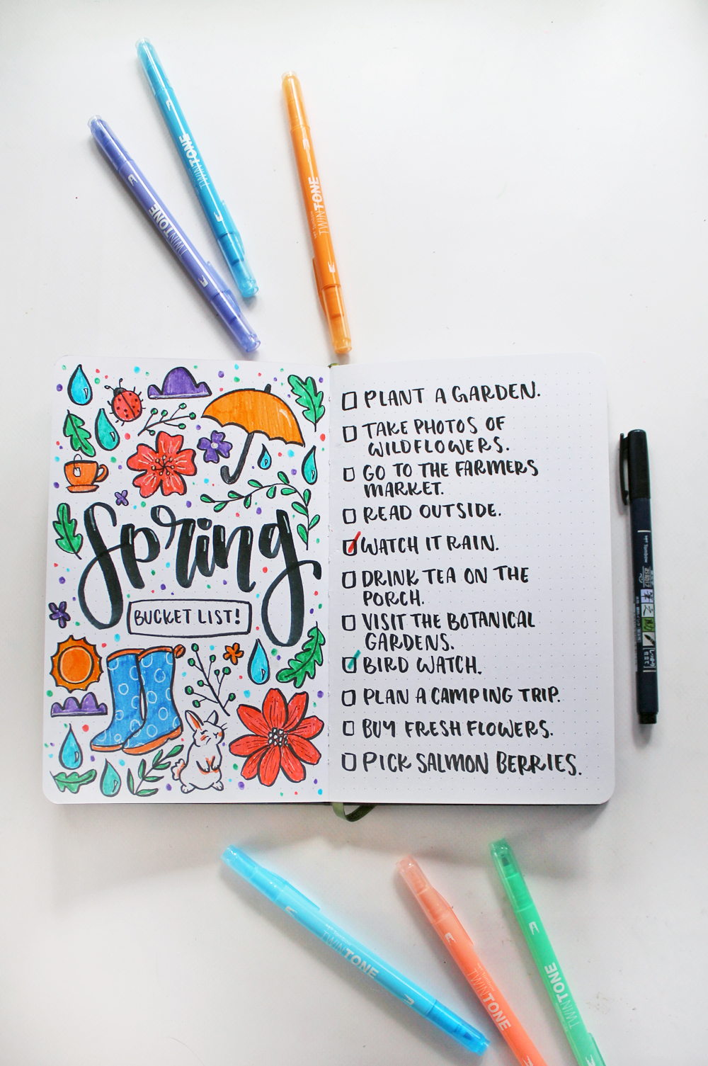 Learn how to create a Spring Bucket List Journal Spread in your dot grid journal using this tutorial by @studiokatie & @tombowusa ! #tombowusa #dotgridjournal #bulletjournal