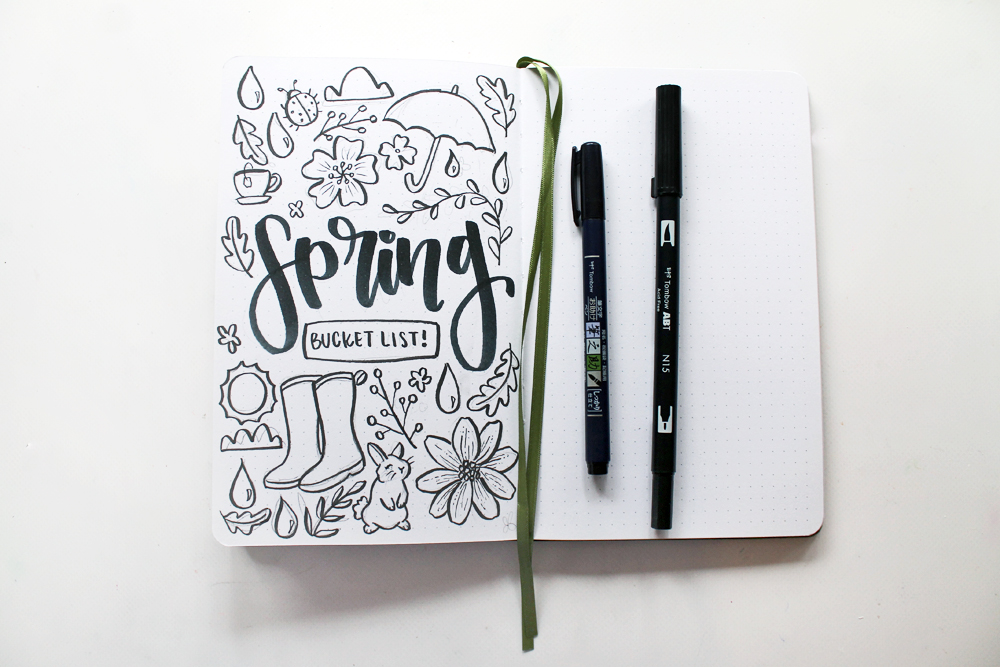 Learn how to create a Spring Bucket List Journal Spread in your dot grid journal using this tutorial by @studiokatie & @tombowusa ! #tombowusa #dotgridjournal #bulletjournal