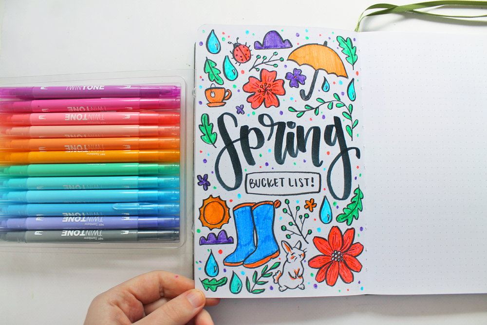 Learn how to create a Spring Bucket List Journal Spread in your dot grid journal using this tutorial by @studiokatie & @tombowusa ! #tombowusa #dotgridjournal #bulletjournal
