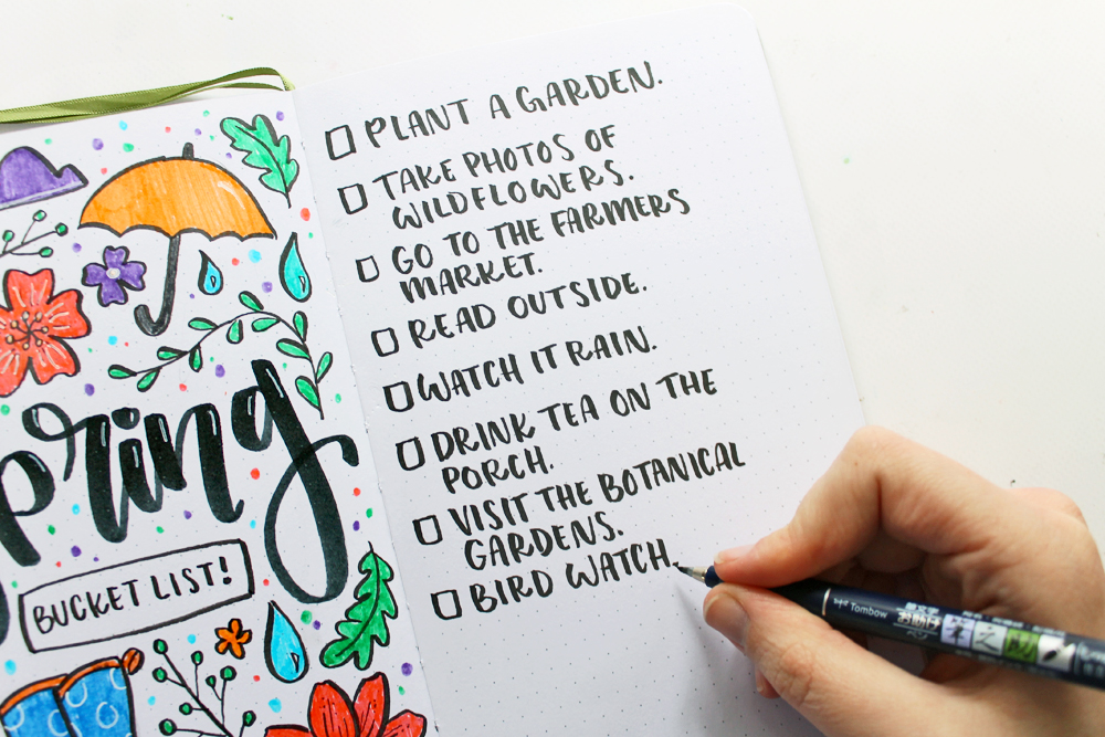 Learn how to create a Spring Bucket List Journal Spread in your dot grid journal using this tutorial by @studiokatie & @tombowusa ! #tombowusa #dotgridjournal #bulletjournal