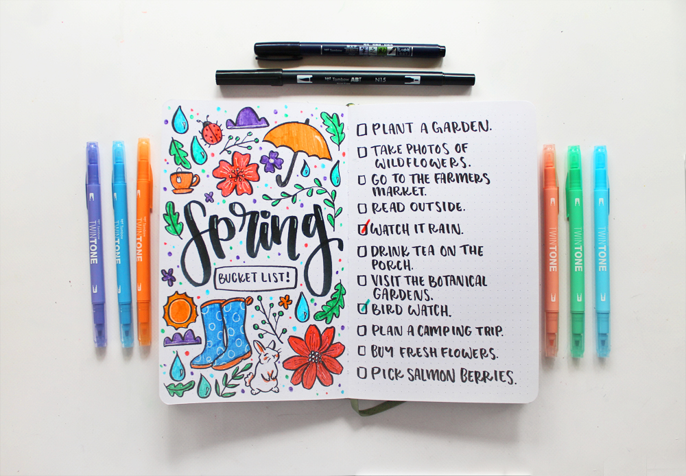 Learn how to create a Spring Bucket List Journal Spread in your dot grid journal using this tutorial by @studiokatie & @tombowusa ! #tombowusa #dotgridjournal #bulletjournal