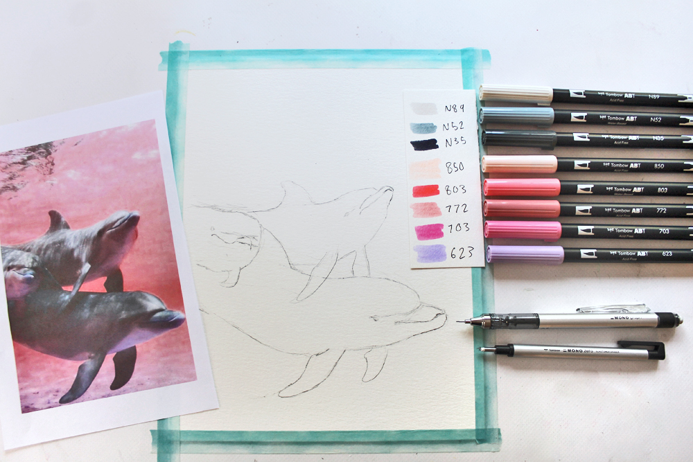 DIY: How to Paint Watercolor Dolphins using Dual Brush Pens via @tombowusa & @studiokatie #TombowUSA #watercolor 