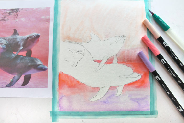 How to Paint Watercolor Dolphins using Dual Brush Pens