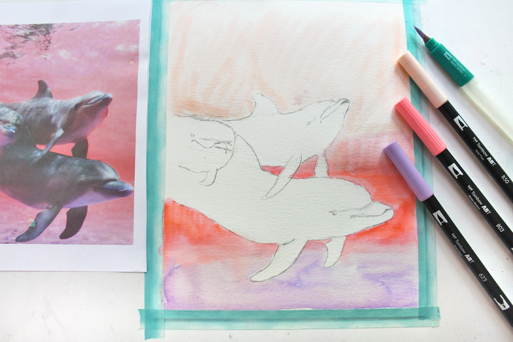 DIY: How to Paint Watercolor Dolphins using Dual Brush Pens via @tombowusa & @studiokatie #TombowUSA #watercolor 