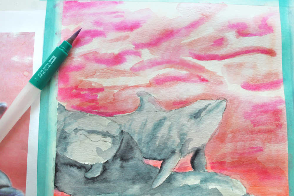 DIY: How to Paint Watercolor Dolphins using Dual Brush Pens via @tombowusa & @studiokatie #TombowUSA #watercolor 