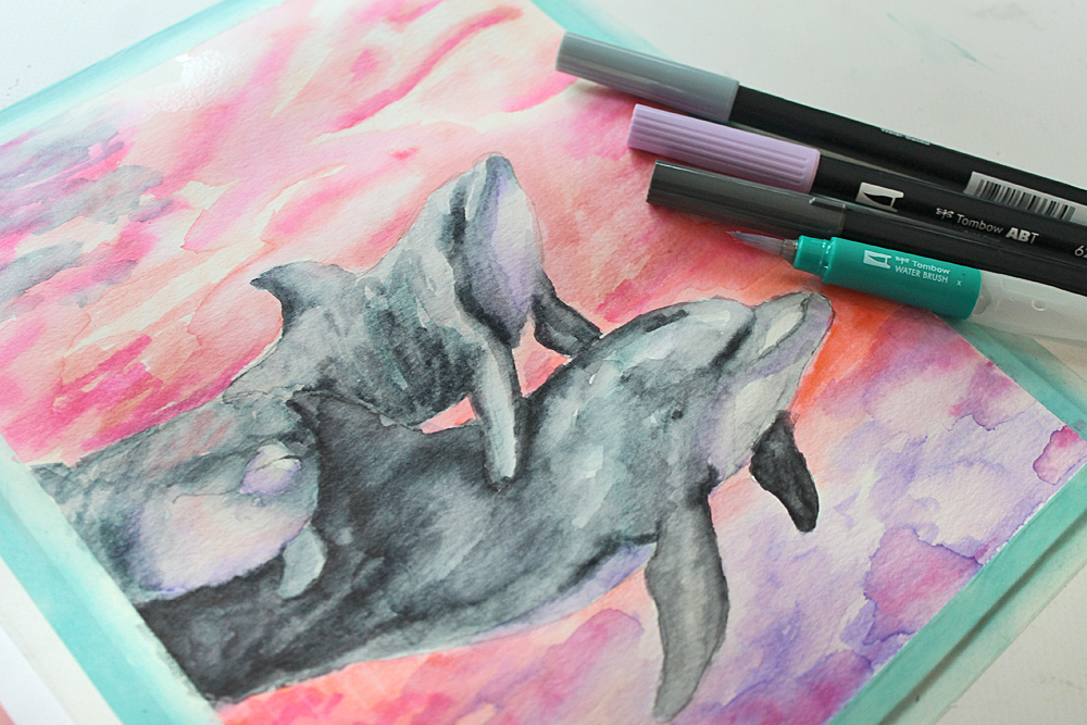 DIY: How to Paint Watercolor Dolphins using Dual Brush Pens via @tombowusa & @studiokatie #TombowUSA #watercolor 
