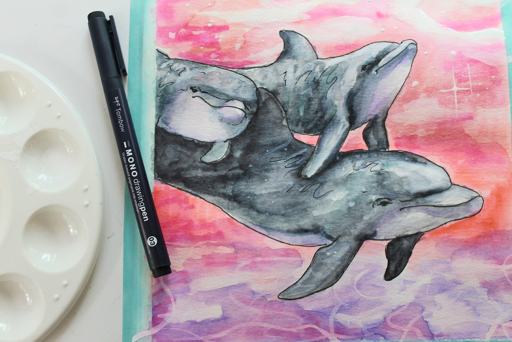 DIY: How to Paint Watercolor Dolphins using Dual Brush Pens via @tombowusa & @studiokatie #TombowUSA #watercolor 