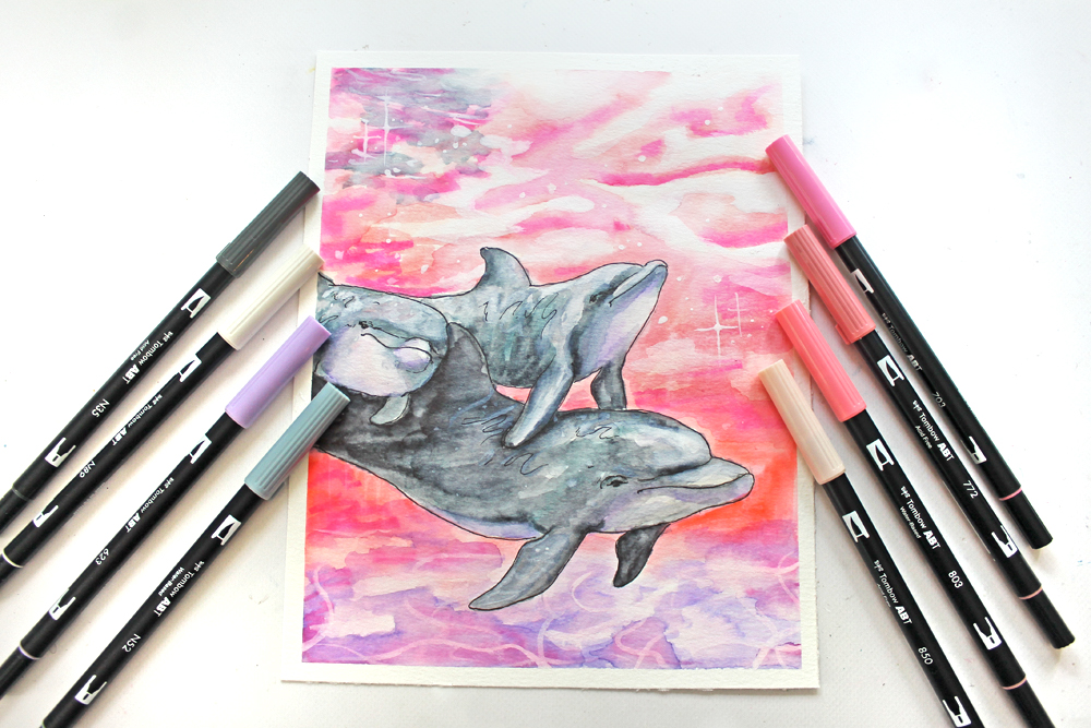 DIY: How to Paint Watercolor Dolphins using Dual Brush Pens via @tombowusa & @studiokatie #TombowUSA #watercolor 