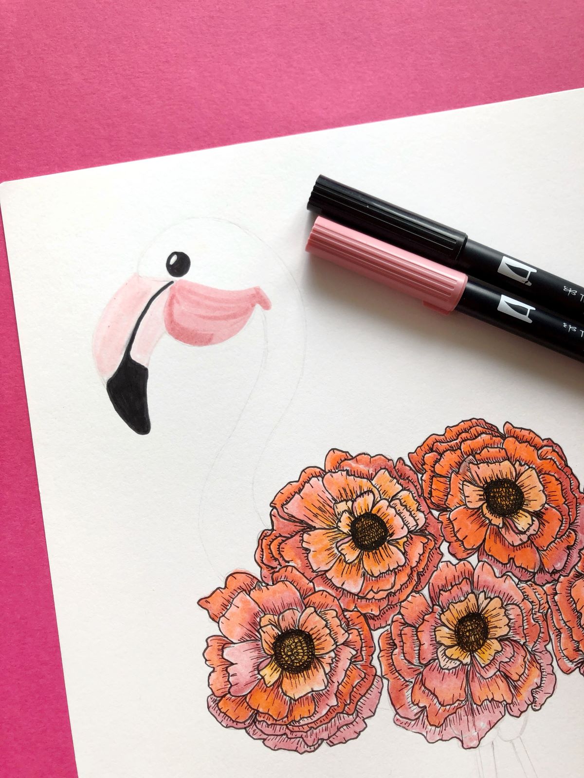 Create Flamingo Art with @tombowusa Dual Brush Pens and @aheartenedcalling. #tombow #dualbrushpens #flamingo