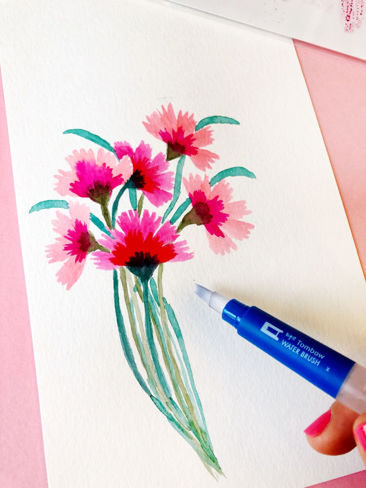 Create Simple Watercolor Carnations with @tombowusa Flat Water Brush and @aheartenedcalling. #tombow #watercolor