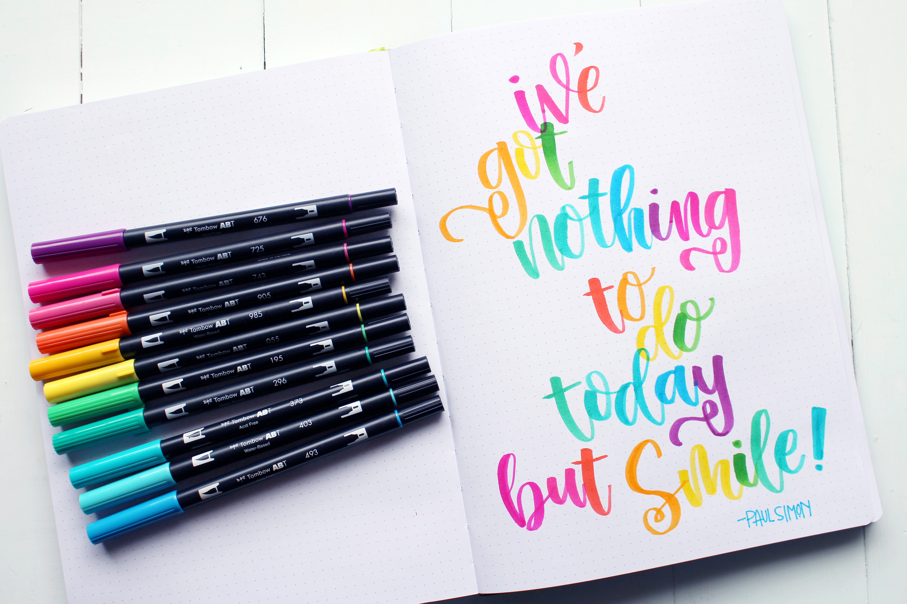 I've got nothing to do today but smile! --Paul Simon. This is the perfect quote for Rainbow Lettering in Tombow Dual Brush Pens on the dotted pages of a Passion Planner.