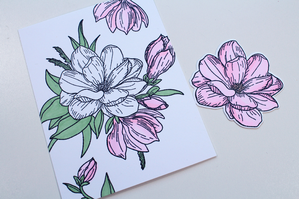 Coloring magnolia stamped images with Tombow Alcohol ink markers in pinks and greens