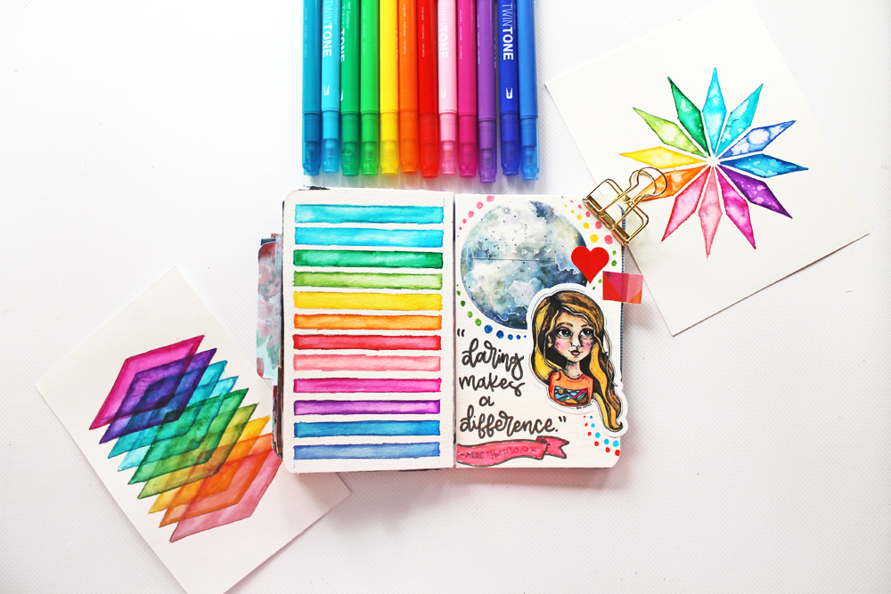 Learn how to "paint" Geometric Rainbow Art using the new Tombow TwinTone Rainbow set with this tutorial by @studiokatie on the @tombowusa blog. #tombowusa #rainbow #watercolor