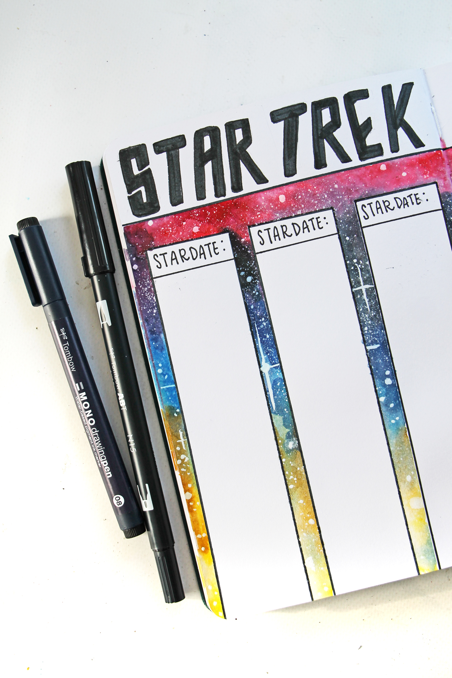 Learn how to create a Star Trek journal page, using @Tombowusa Dual Brush Pens and this tutorial by @studiokatie #tombow #tombowusa #taskjournal