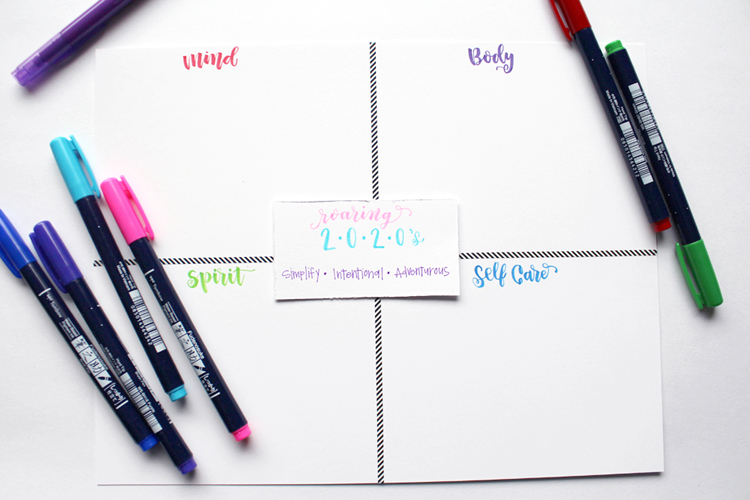 Make a visual Goal Setting Quadrant Chart by dividing up paper into four sections. Each section is labeled with mind, body, spirit and self care. Then goals are placed in the quadrants that correspond using brightly colored Tombow Fudenosuke brush pens and Tombow TwinTone markers. 