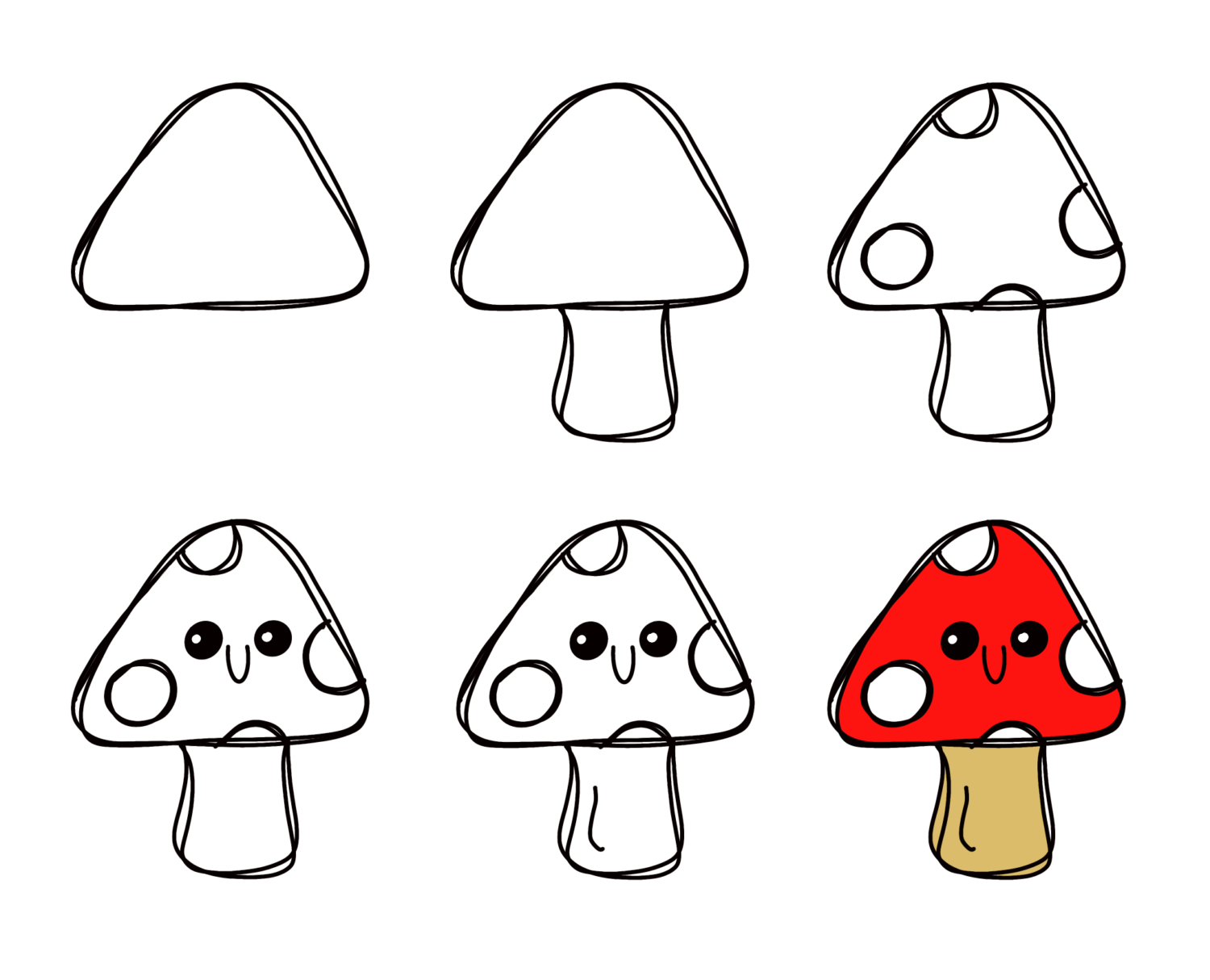 Image is a step by step tutorial for drawing a toadstool, as described in the written instructions.