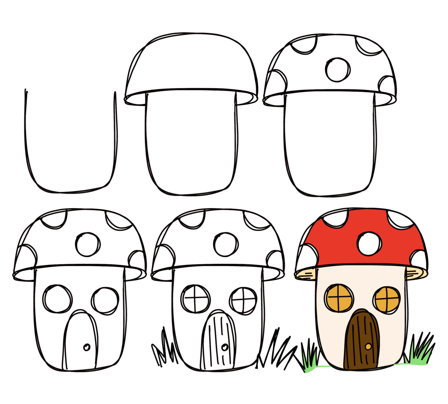 Image is a step by step tutorial for drawing a toadstool house, as described in the written instructions. 