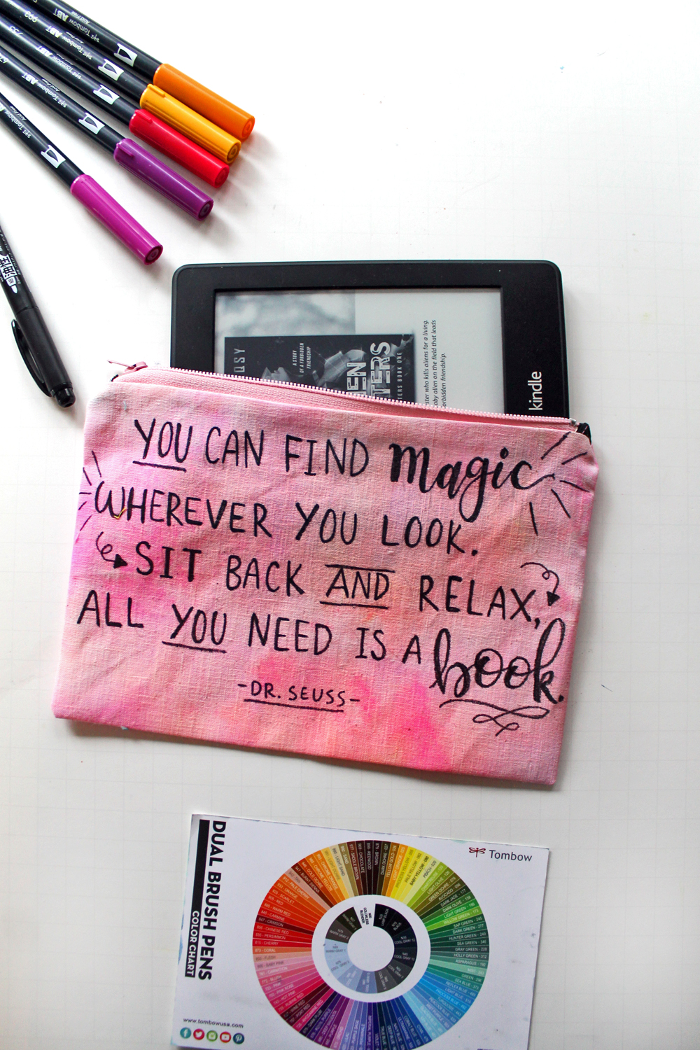 Dye fabric using @tombowusa Dual Brush Pens & Turn it into a Hand Lettered Kindle Cozy with this tutorial by @punkprojects