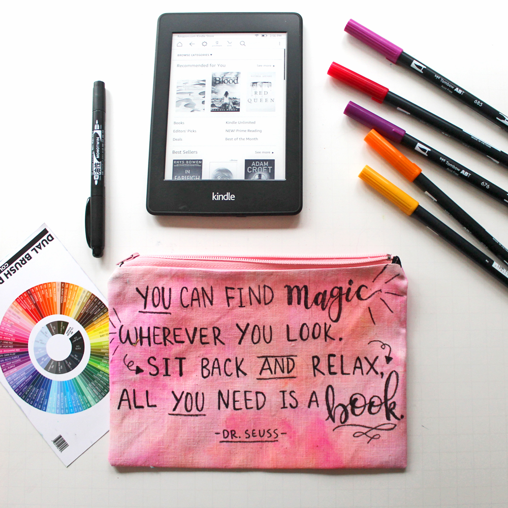 Dye fabric using @tombowusa Dual Brush Pens & Turn it into a Hand Lettered Kindle Cozy with this tutorial by @punkprojects