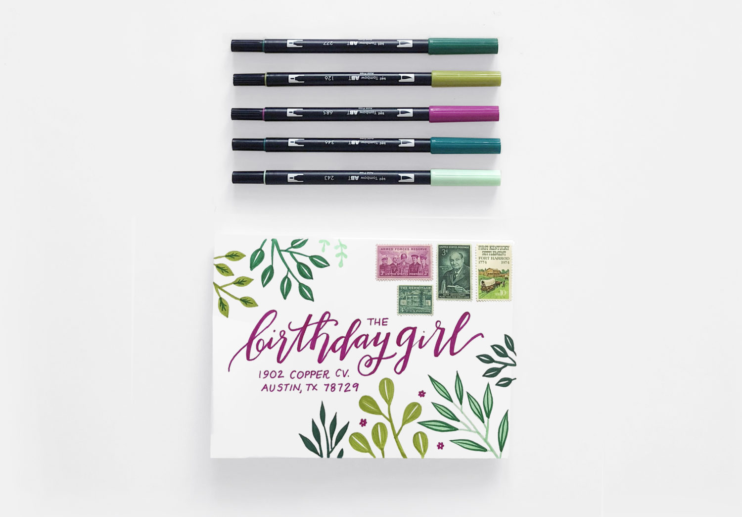 Happy Birthday Tombow - How to create a birthday card and envelope with one piece of paper and Tombow Dual Brush Pens