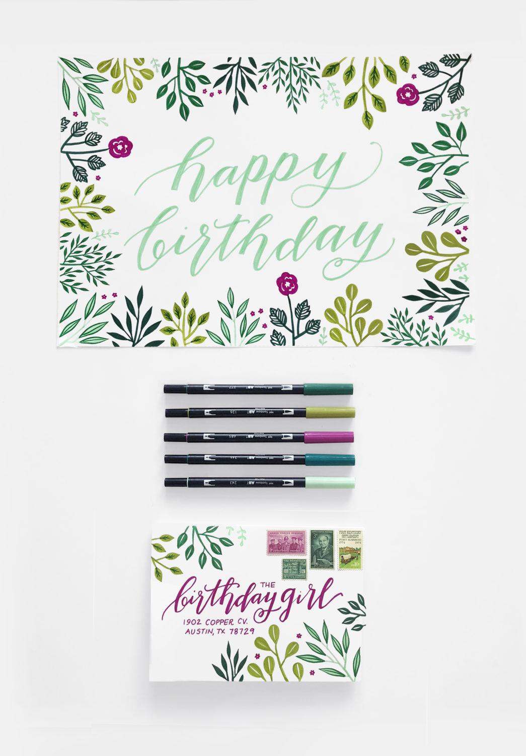 Happy Birthday Tombow - How to create a birthday card and envelope with one piece of paper and Tombow Dual Brush Pens. 