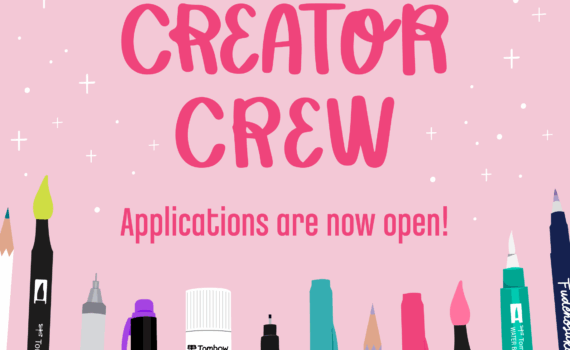 Illustration of colorful Tombow pens, pencils, and glue on a pink background with text reading “Join our 2026 Creator Crew – Applications are now open!”